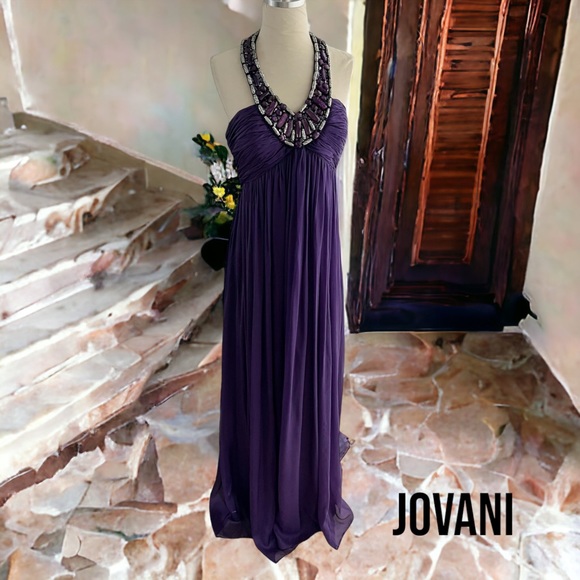 JOVANI PURPLE SILK FORMAL LONG DRESS GOWN BEADED NECKLINE 8 - Picture 1 of 11